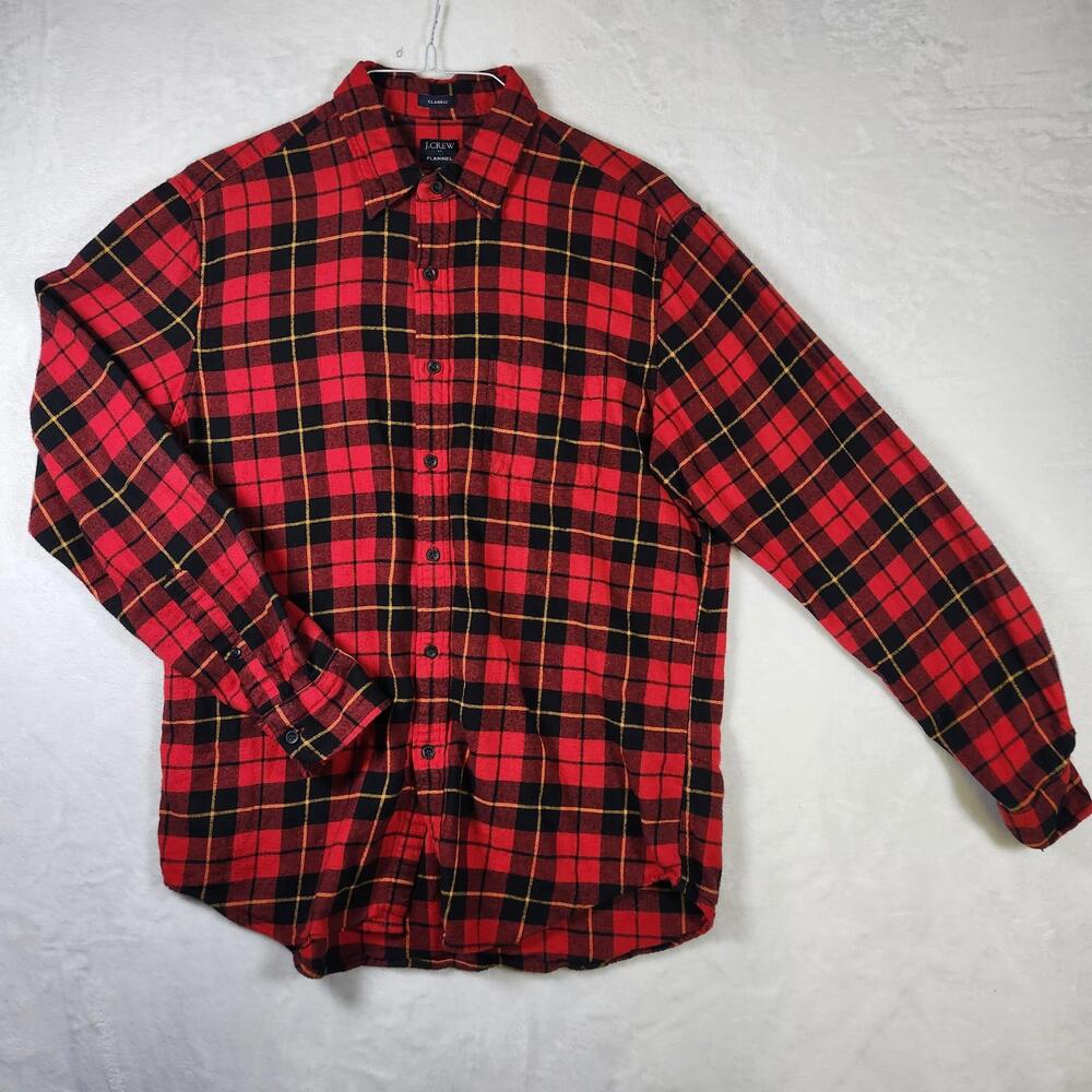 J Crew Flannel Shirt Red Black Plaid L Classic Fit Heavyweight Button Up Grunge
